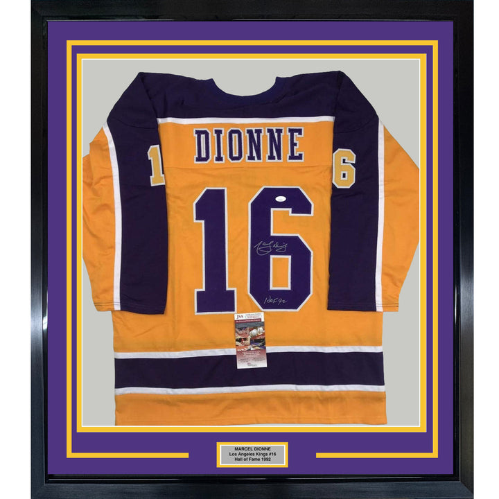 Framed Autographed/Signed Marcel Dionne HOF 92 35x39 LA Yellow Jersey JSA COA