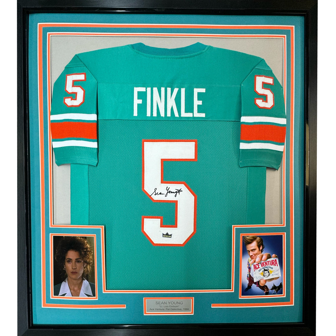 Framed Facsimile Autographed Sean Young Ray Finkle 35x39 Teal Reprint Jersey