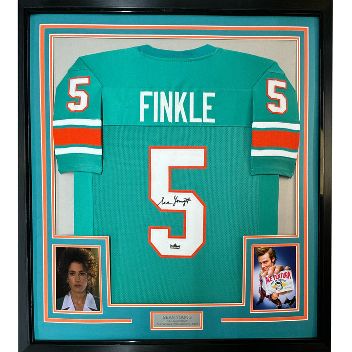 Framed Facsimile Autographed Sean Young Ray Finkle 35x39 Teal Reprint Jersey