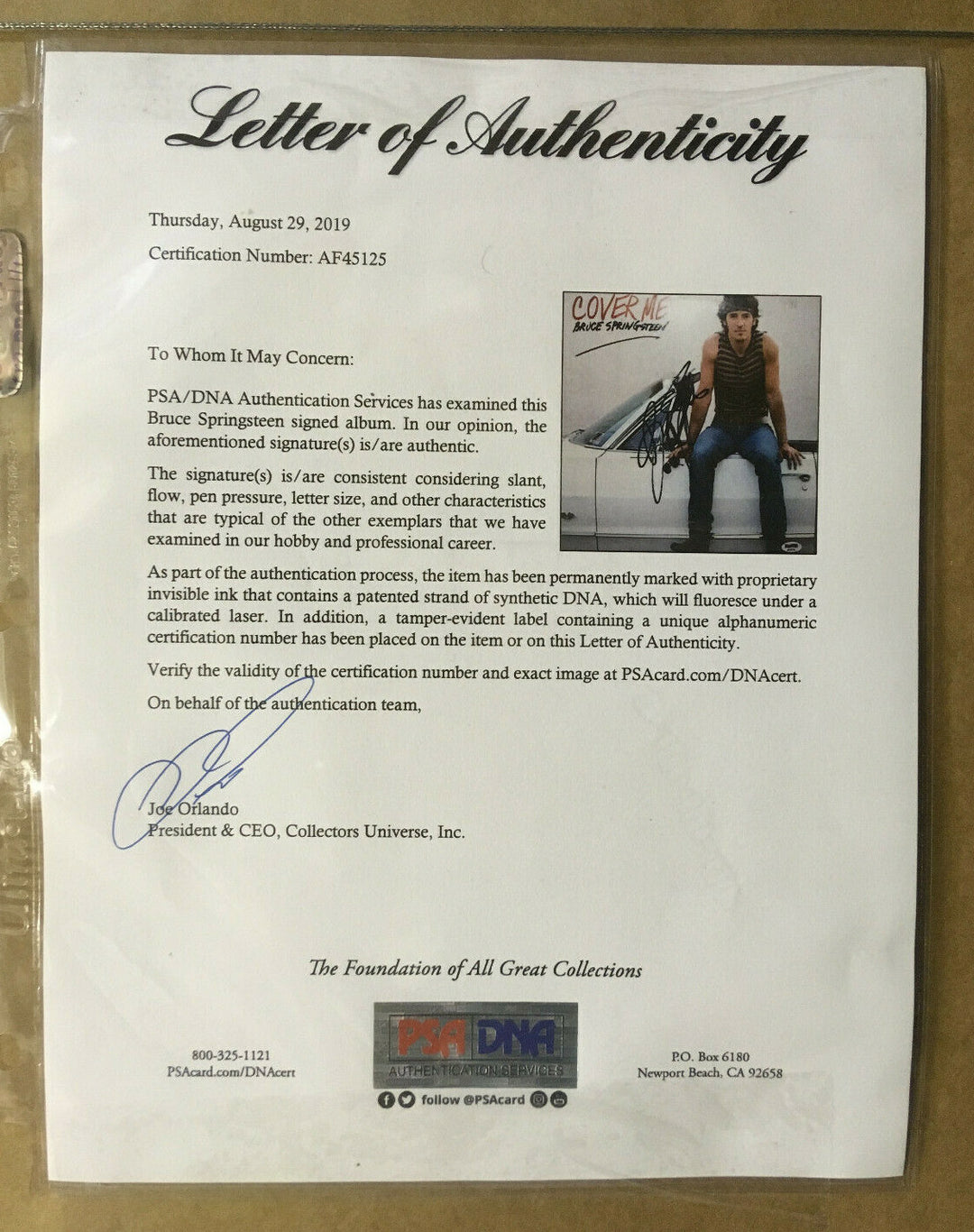 Bruce Springsteen signed Cover Me Record album framed Mint autograph PSA Dna LOA