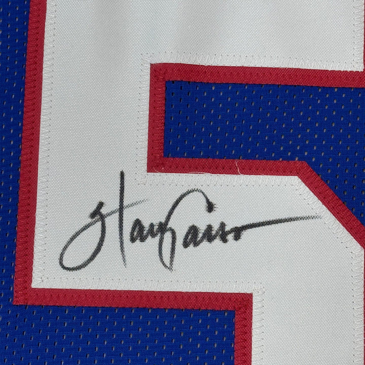 Framed Autographed/Signed Harry Carson 35x39 New York Blue Jersey BAS COA