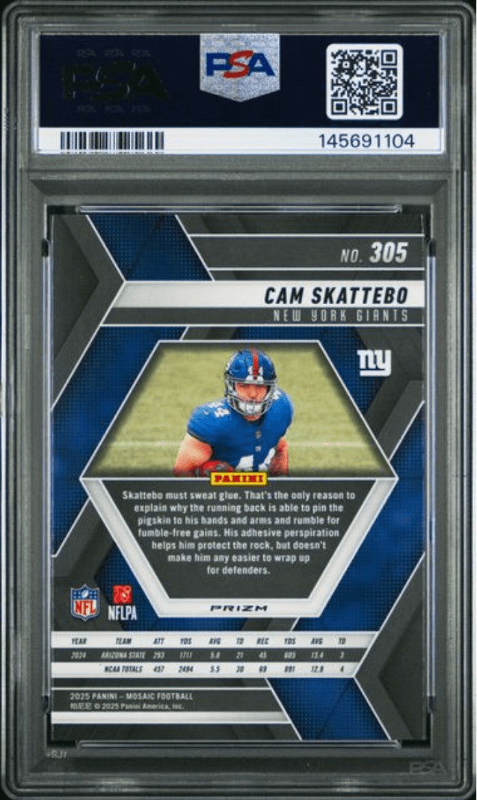 Graded 2025 Mosaic Cam Skattebo #305 Reactive Purple Rookie Football Card PSA 10