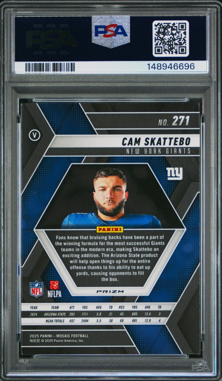 Graded 2025 Panini Mosaic Cam Skattebo #271 Red Camo Rookie RC Card PSA 10 Mint
