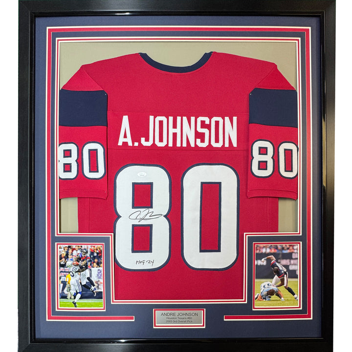 FRAMED Autographed/Signed ANDRE JOHNSON 33x42 Houston Red Jersey JSA COA Auto
