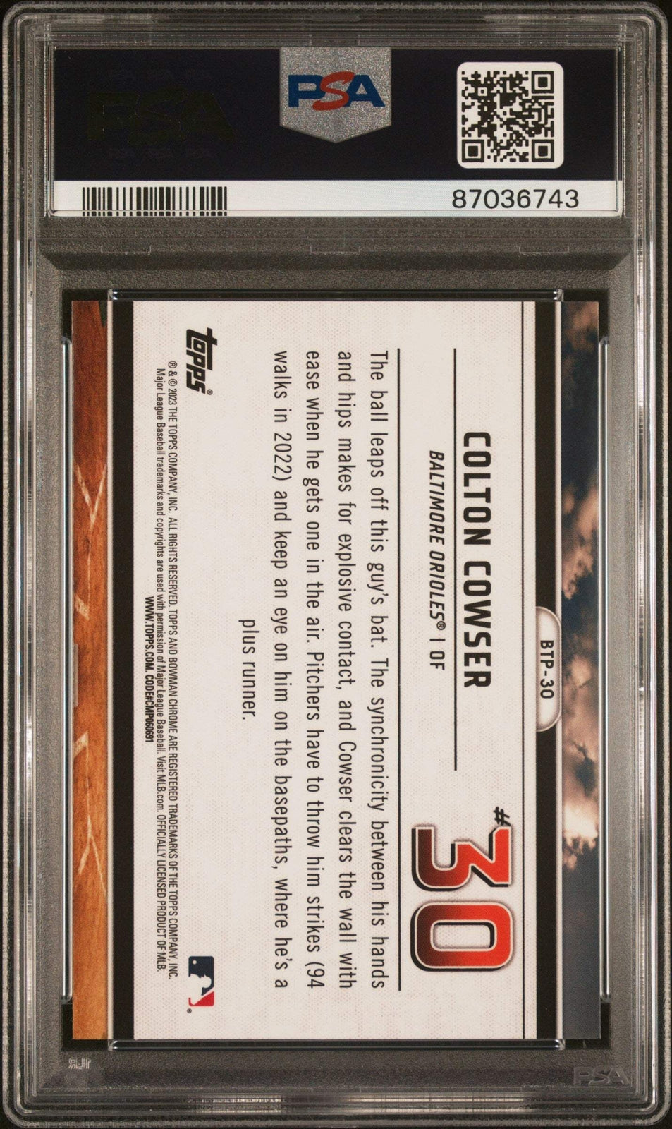 Graded 2023 Bowman Colton Cowser #BTP30 Scouts Top 100 RC Baseball Card PSA 10
