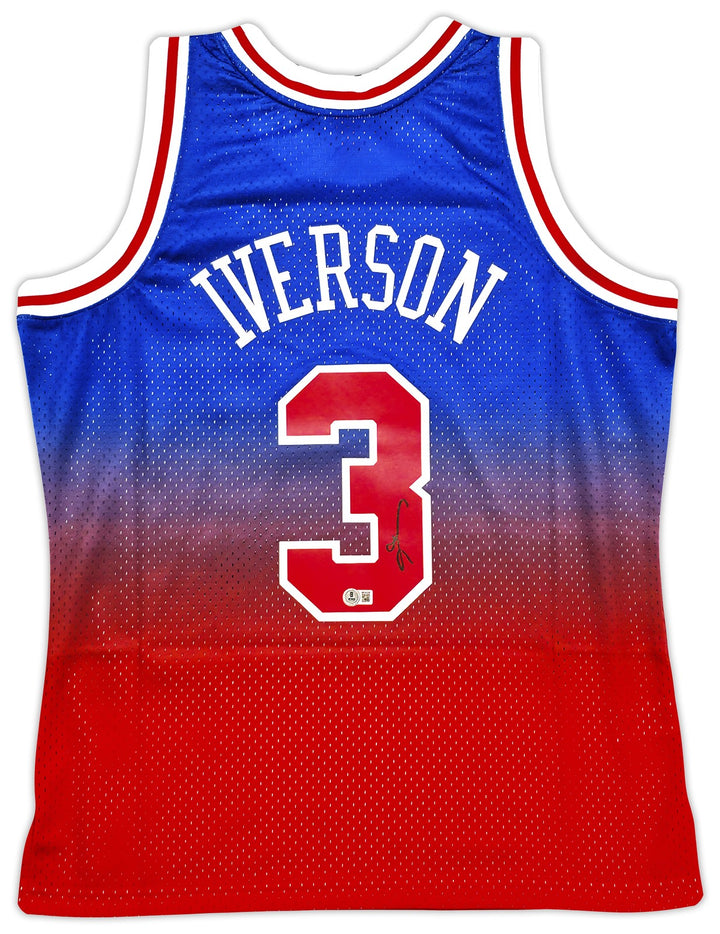 76ers Allen Iverson Auto Red Mitchell Ness 96-97 Swingman Fadeaway Jersey L BAS