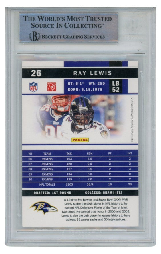 Ray Lewis Autographed/Signed 2011 Score #26 Trading Card Slab Beckett 52681