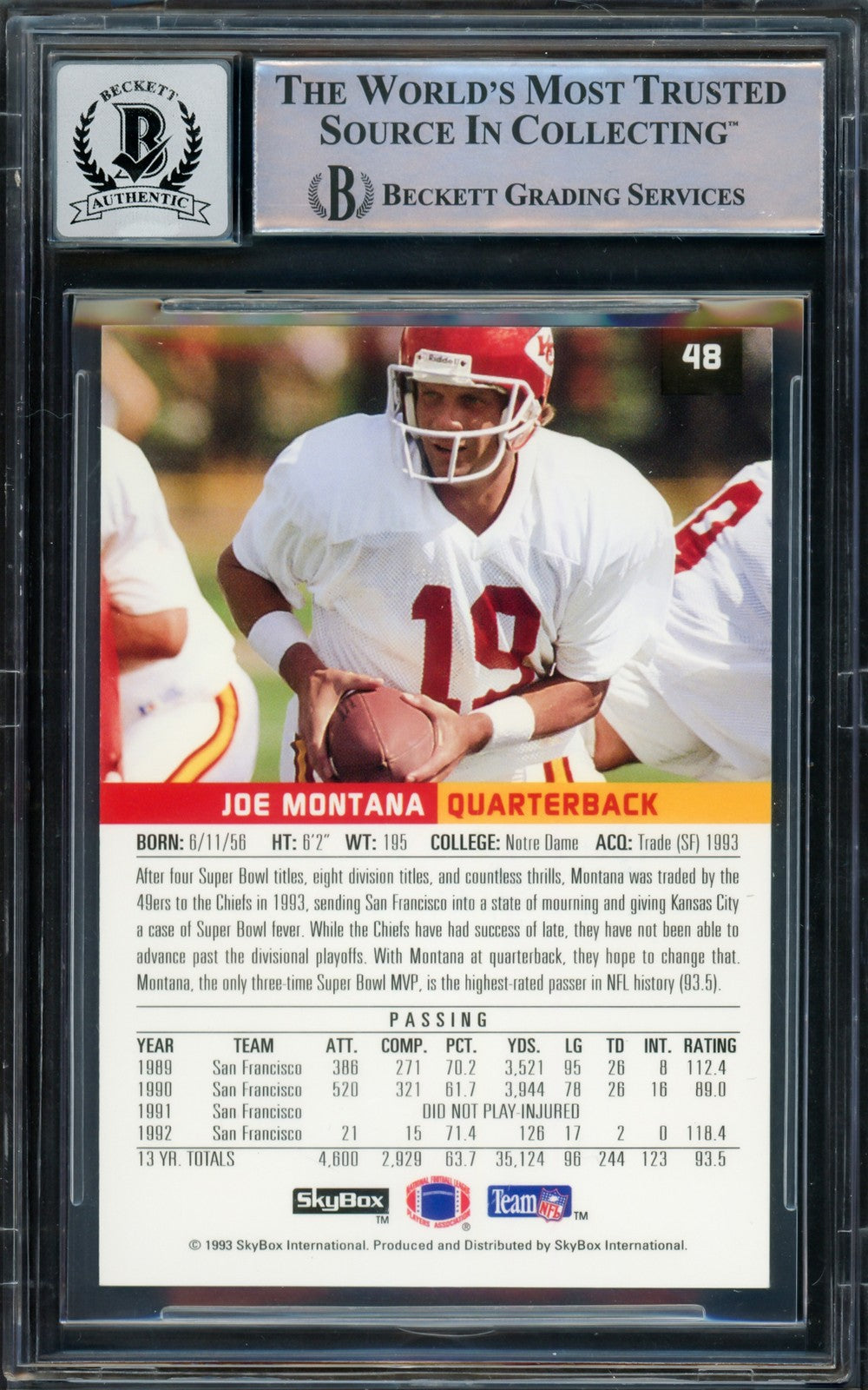 Joe Montana Signed 1993 Skybox Premium Card 48 49ers Auto GM 10 Beckett