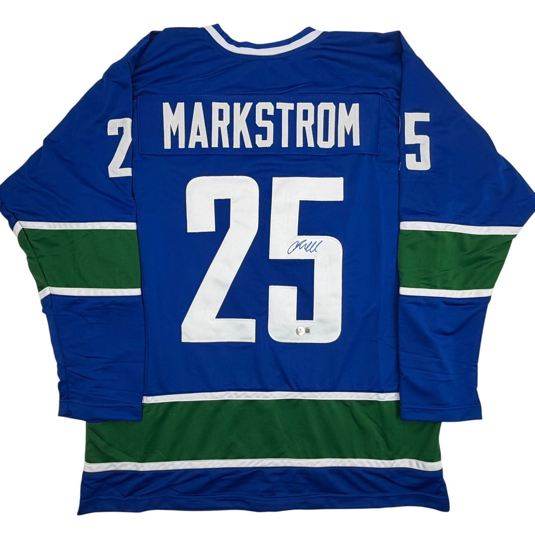 Autographed/Signed Jacob Markstrom Vancouver Blue Hockey Jersey Beckett COA