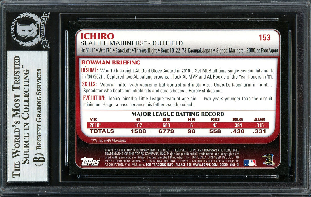 Ichiro Suzuki Autographed Signed 2011 Bowman Card 153 Seattle Mariners Beckett