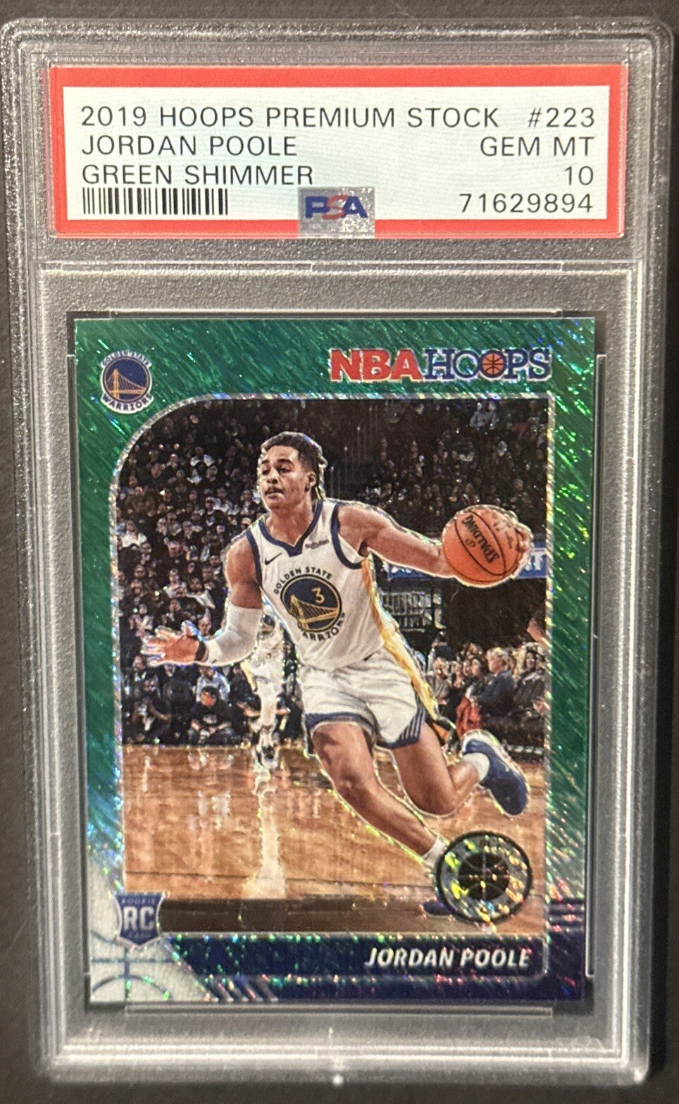 2019 Hoops Premium Stock Green Shimmer Jordan Poole #223 Rookie PSA 10 Gem Mint