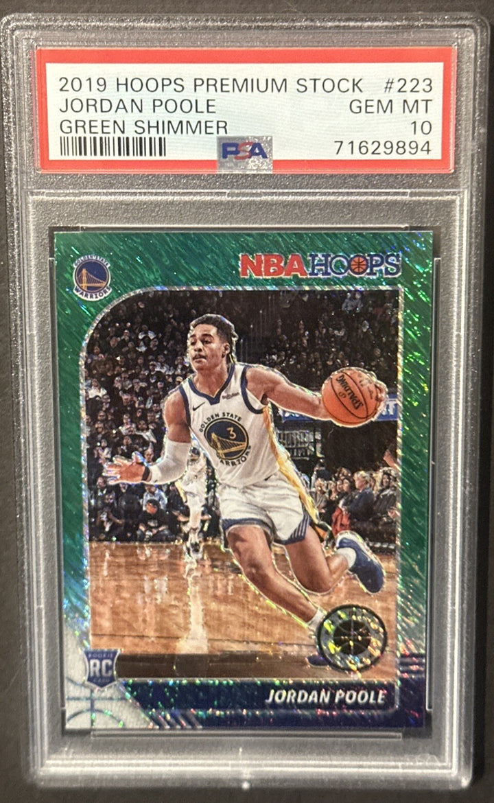 2019 Hoops Premium Stock Green Shimmer Jordan Poole #223 Rookie PSA 10 Gem Mint