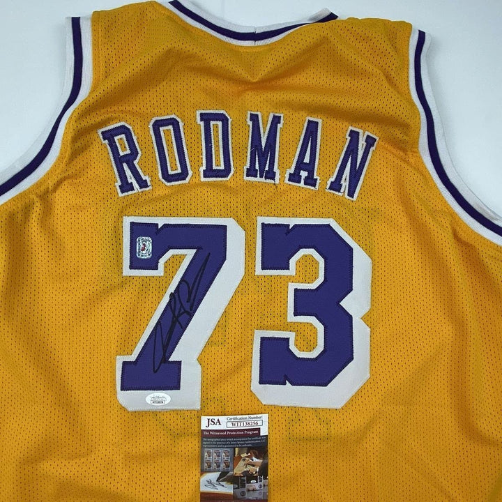 Autographed/Signed DENNIS RODMAN Los Angeles Yellow Jersey JSA COA #2