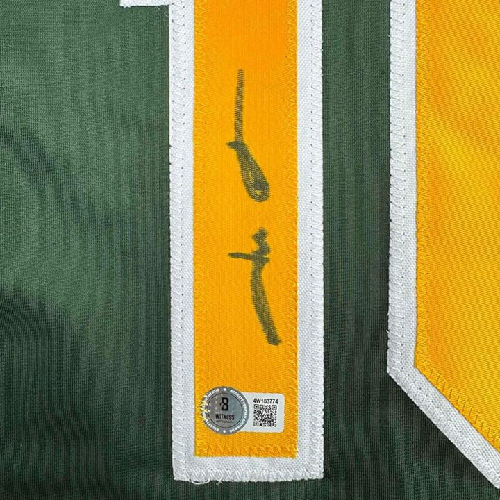 Framed Autographed/Signed Jason Giambi 35x39 Oakland Green Jersey Beckett COA