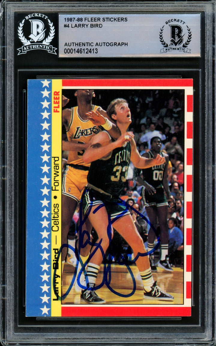 Larry Bird Signed 1987-88 Fleer Sticker Card 4 Boston Celtics Beckett #14612413