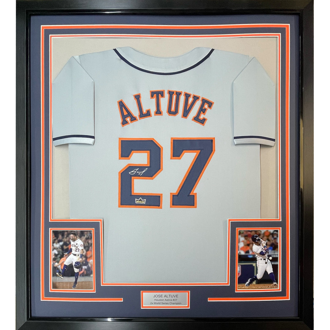Framed Facsimile Autographed Jose Altuve 33x42 Grey Reprint Laser Auto Jersey
