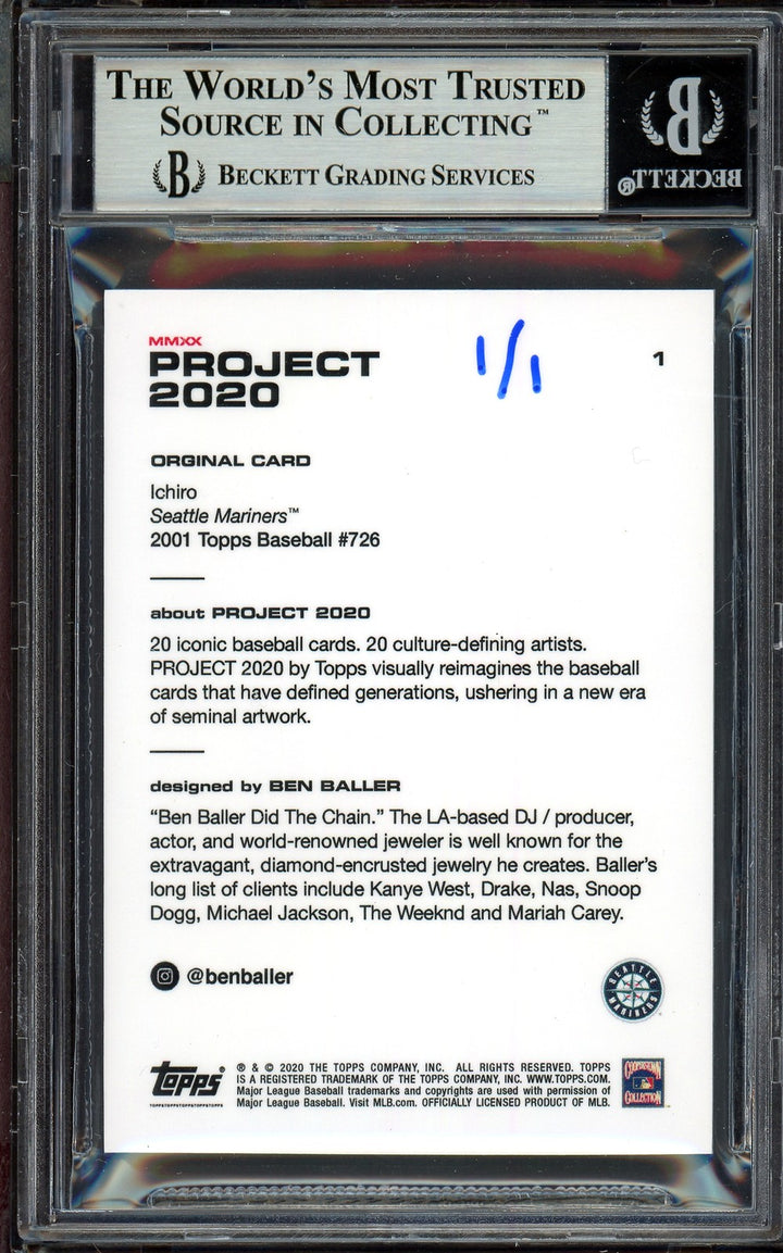 Ichiro Suzuki Signed Topps Project 2020 Ben Baller Card 1 3089 Hits #1/1 Beckett