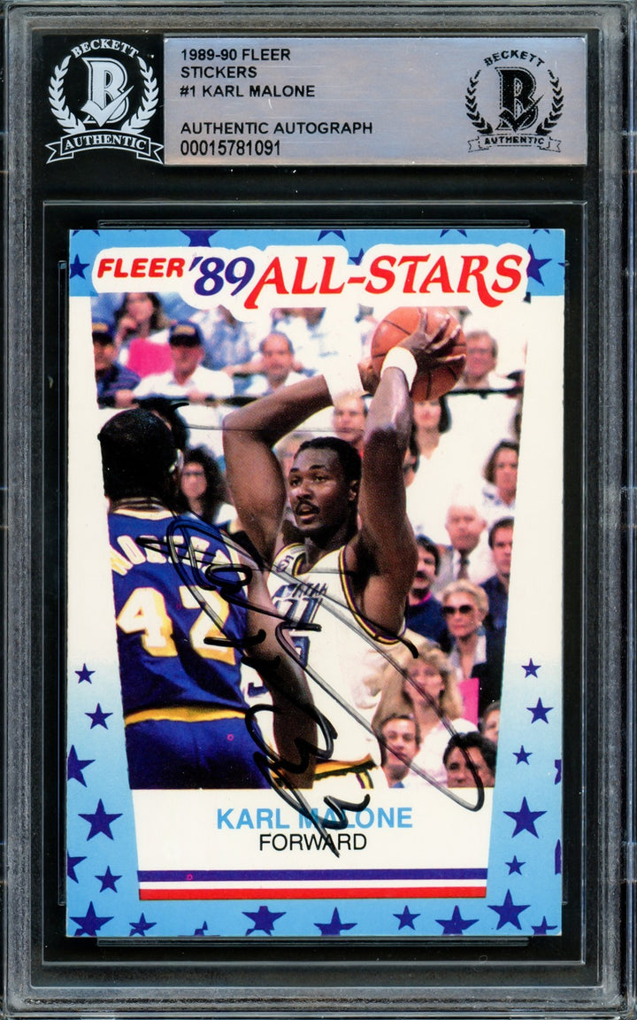 Karl Malone Signed 1989-90 Fleer Sticker Card #1 Utah Jazz Beckett BAS #15781091