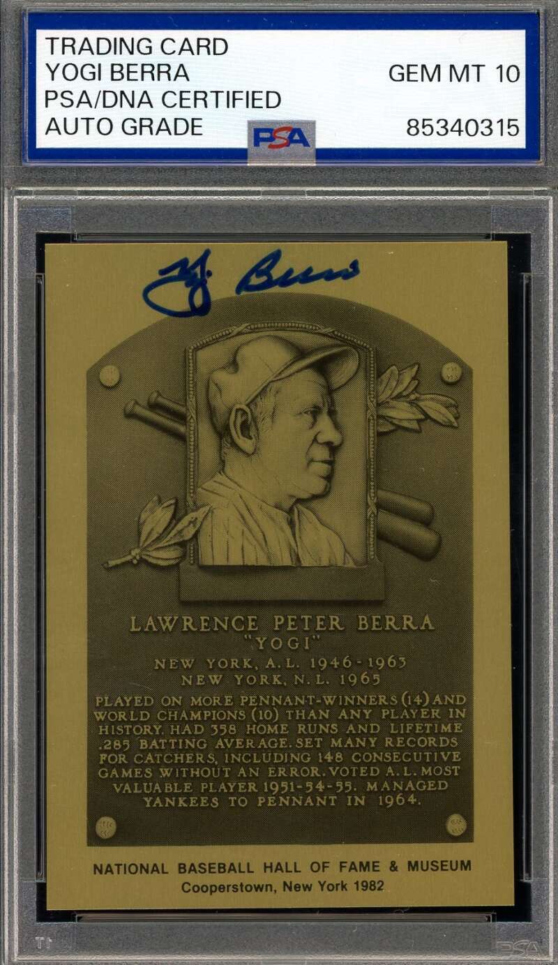 Yogi Berra Gem Mint 10 PSA DNA Signed Gold Metallic Hall  Fame Plaque Autograph
