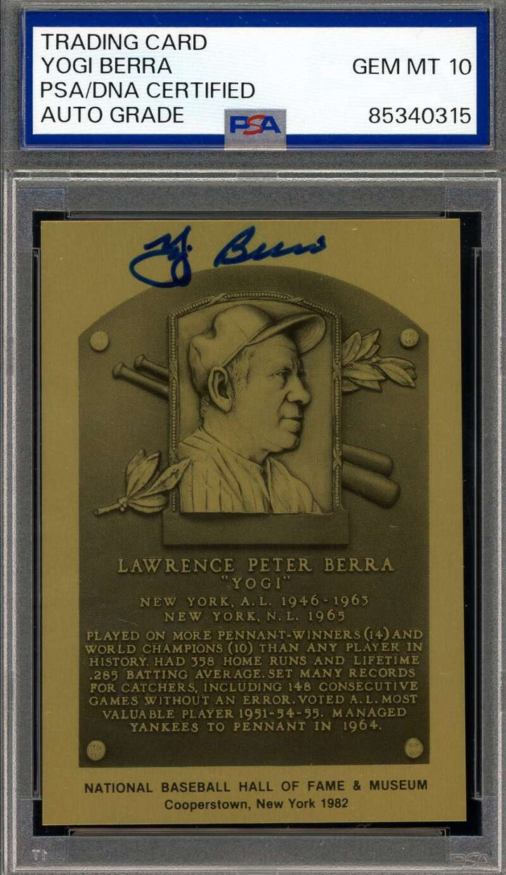 Yogi Berra Gem Mint 10 PSA DNA Signed Gold Metallic Hall  Fame Plaque Autograph