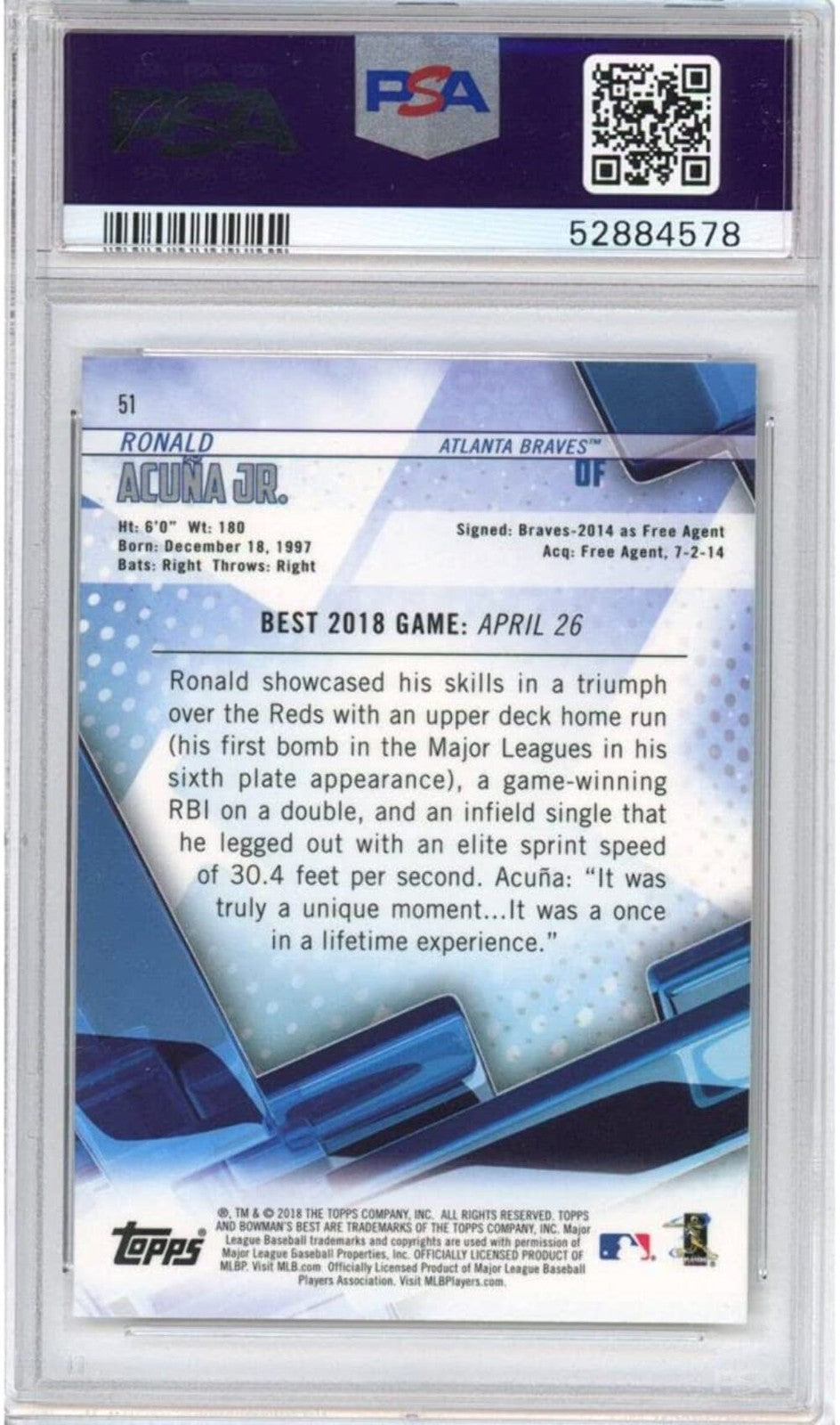 Graded 2018 Bowman's Best RONALD ACUNA JR #51 Rookie RC Baseball Card PSA 10