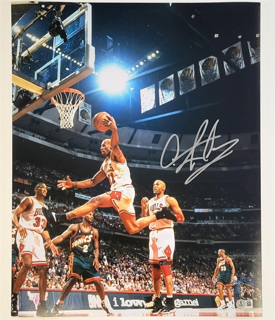 Dennis Rodman signed Bulls 16x20 photo autograph vs. Sonics~ Beckett BAS Witness