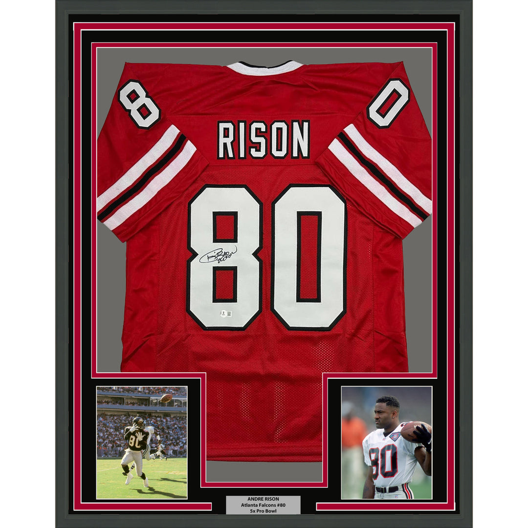 Framed Autographed/Signed Andre Rison 35x39 Atlanta Red Jersey Beckett BAS COA
