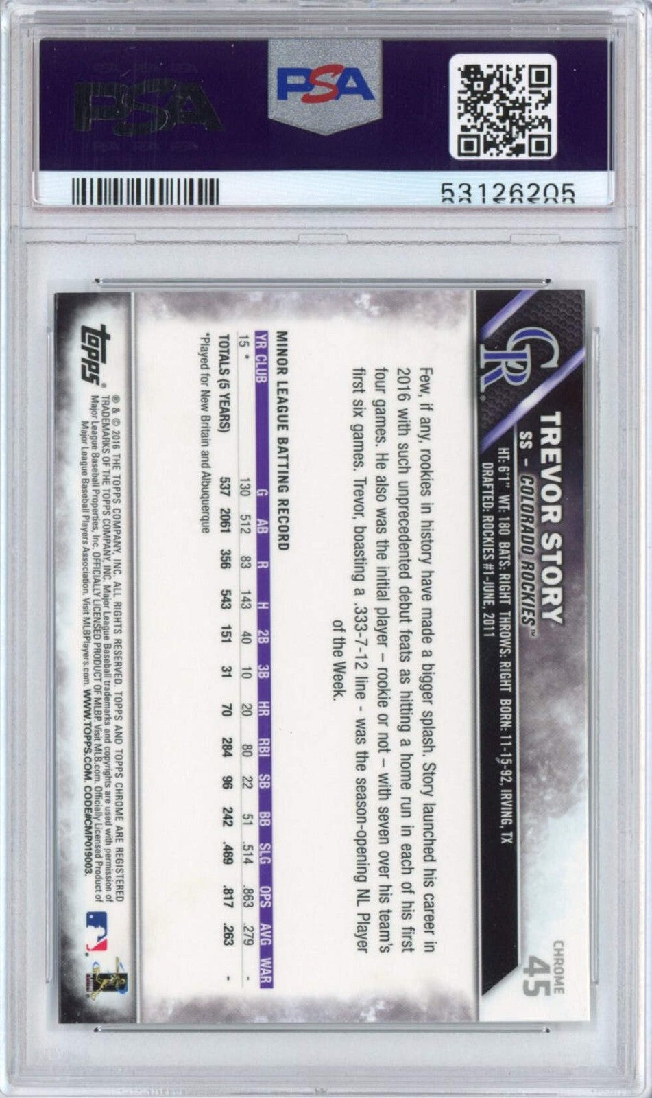 Graded 2016 Topps Chrome Trevor Story #45 Rookie RC Baseball Card PSA 10 Mint