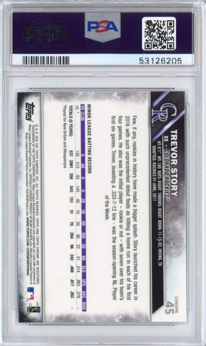 Graded 2016 Topps Chrome Trevor Story #45 Rookie RC Baseball Card PSA 10 Mint
