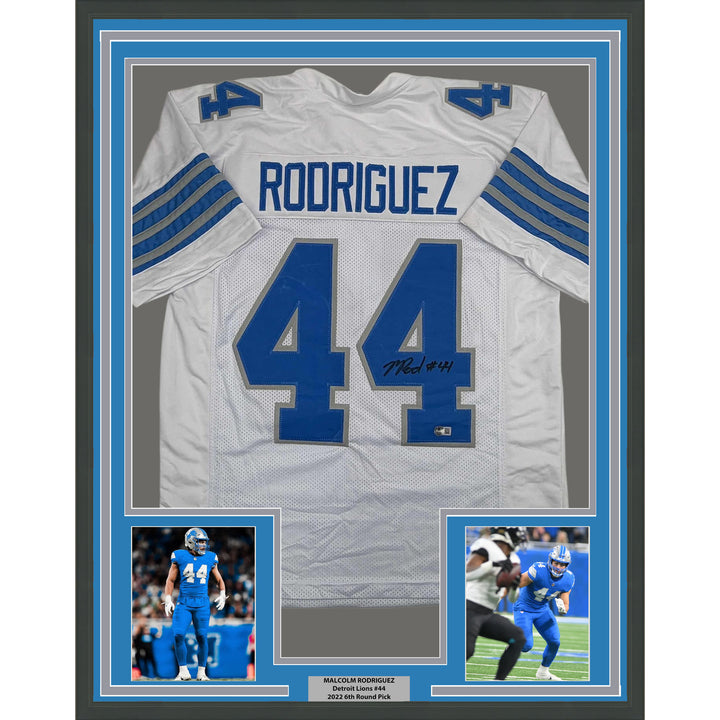 Framed Autographed/Signed Malcolm Rodriguez 35x39 Detroit White Jersey BAS COA