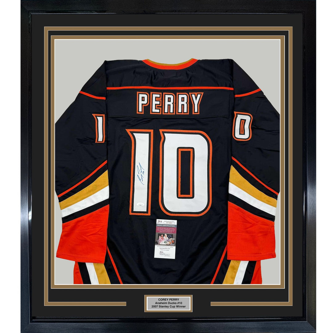 Framed Autographed/Signed Corey Perry 35x39 Anaheim Black Jersey JSA COA