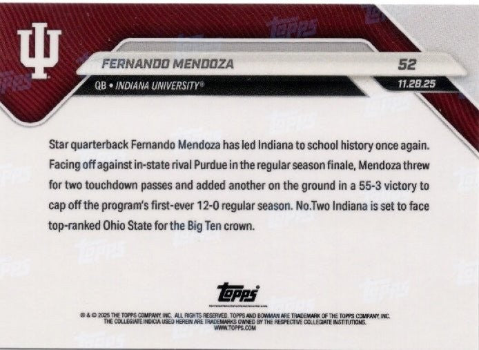 2025 Bowman U Now Fernando Mendoza #52 Orange Foil /25 Rookie RC Card