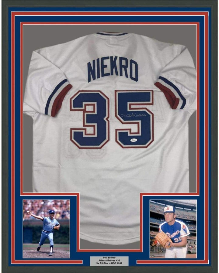 FRAMED Autographed/Signed PHIL NIEKRO 33x42 Atlanta White Jersey JSA COA Auto