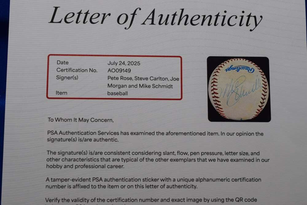 Rose Carlton Morgan Schmidt PSA DNA 1983 World Series Signed by 4 Baseball
