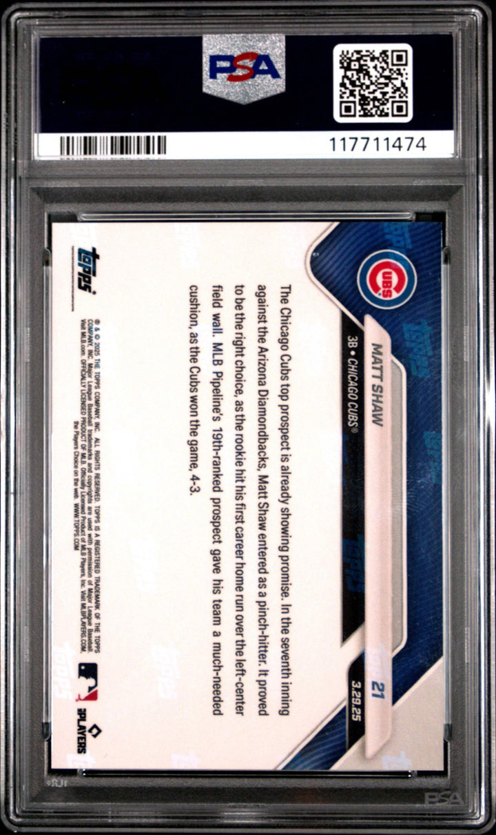 Graded 2025 Topps Now Matt Shaw #21 Black Foil /10 Rookie Baseball Card PSA 10