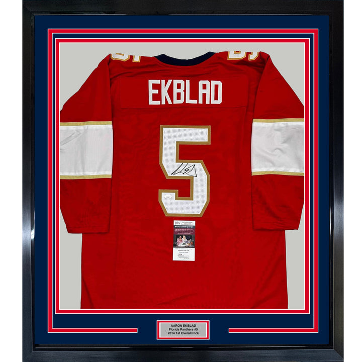 Framed Autographed/Signed Aaron Ekblad 35x39 Florida Red Hockey Jersey JSA COA