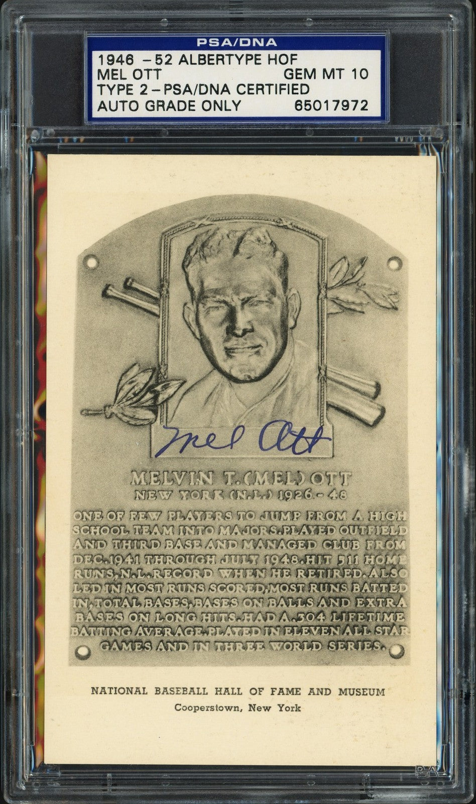 Mel Ott Signed 1946-52 Albertype HOF Plaque Postcard Auto GM 10 PSA/DNA 65017972