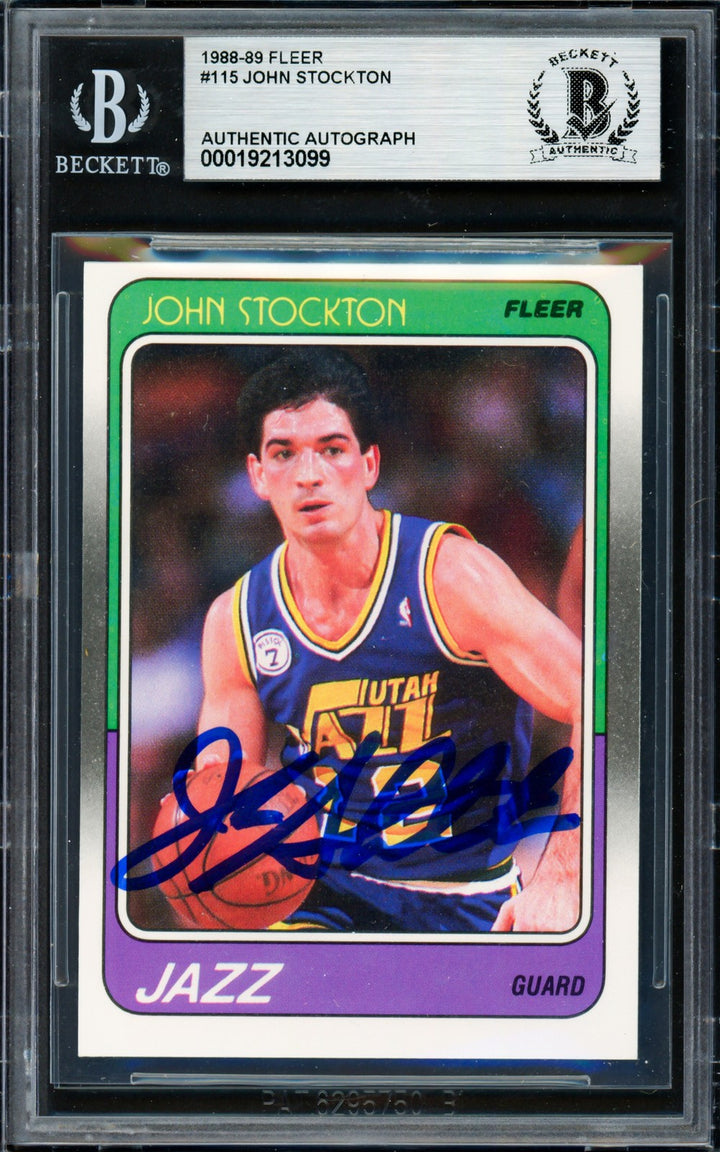 John Stockton Signed 1988-89 Fleer RC 115 Utah Jazz Beckett