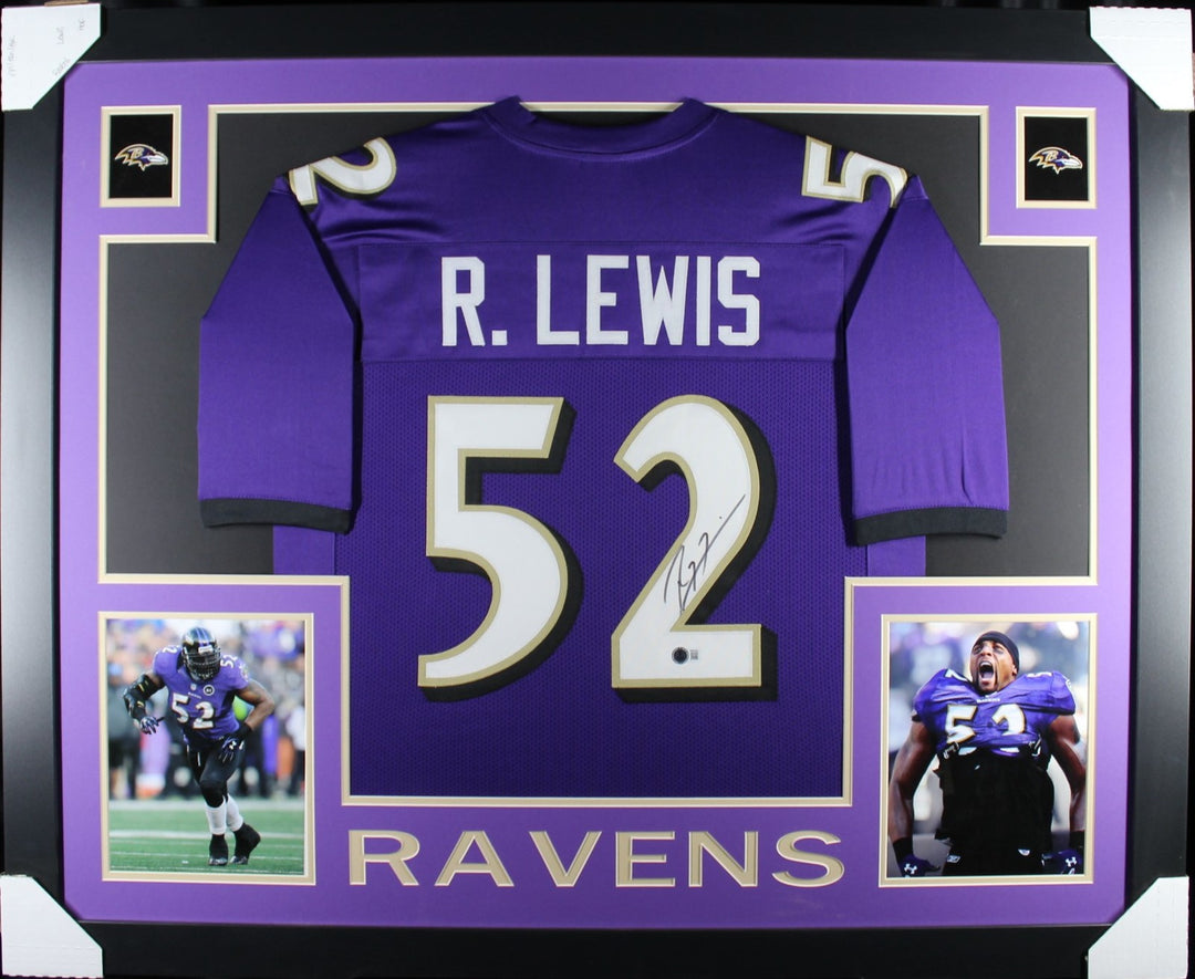 Ray Lewis Autographed Pro Style Purple XL Framed Jersey 35x43 Beckett 53754