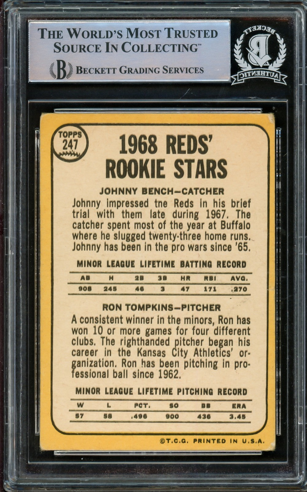 Johnny Bench Signed 1968 Topps RC 247 Reds (Off Condition) Beckett #14862537