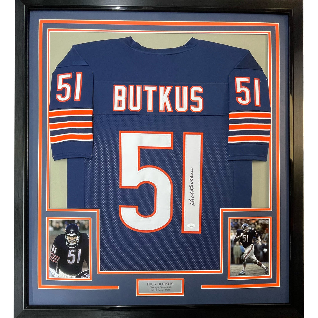 FRAMED Autographed/Signed DICK BUTKUS 33x42 Chicago Blue Jersey JSA COA Auto