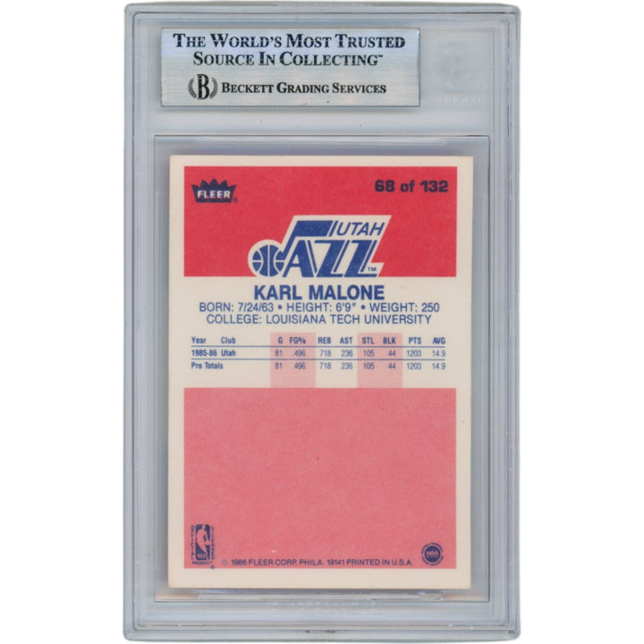 Karl Malone Autographed 1986 Fleer #68 Slabbed Trading Card Beckett 50644