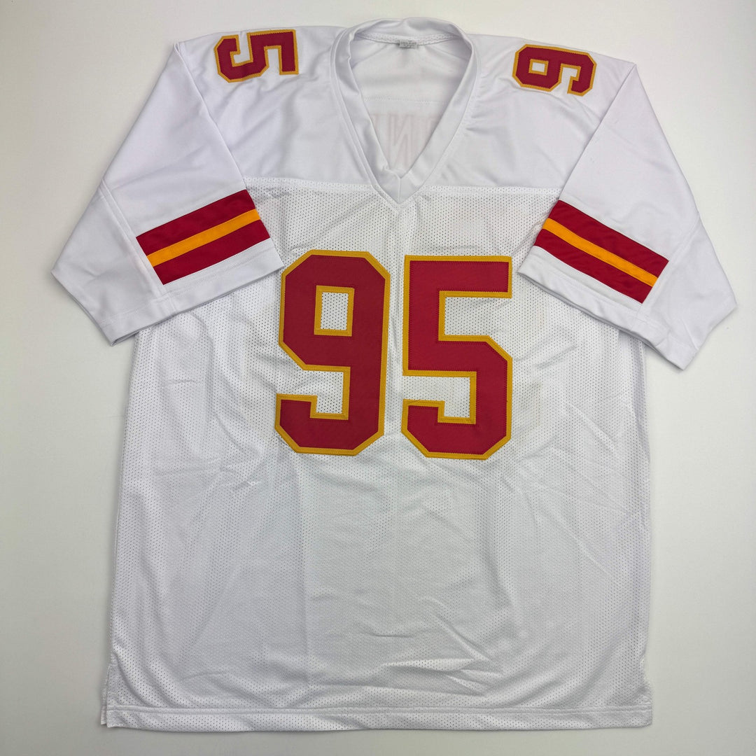 Autographed/Signed Chris Jones Kansas City White Football Jersey JSA COA