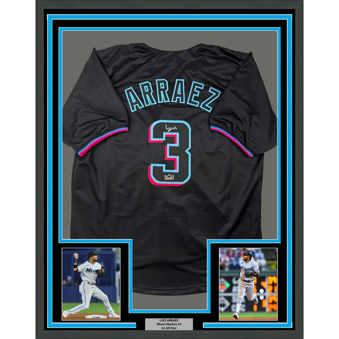 Framed Facsimile Autographed Luis Arraez 33x42 Black Reprint Laser Auto Jersey