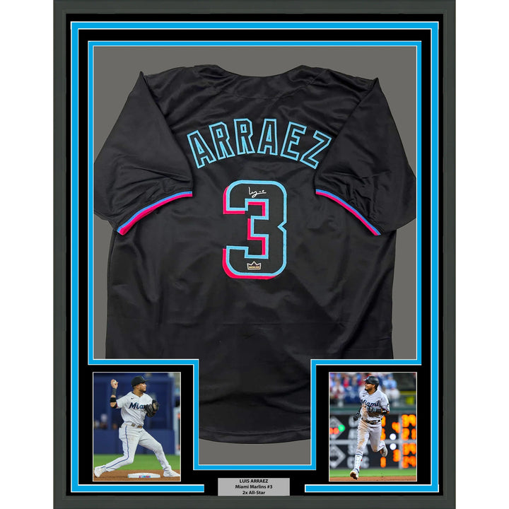 Framed Facsimile Autographed Luis Arraez 33x42 Black Reprint Laser Auto Jersey