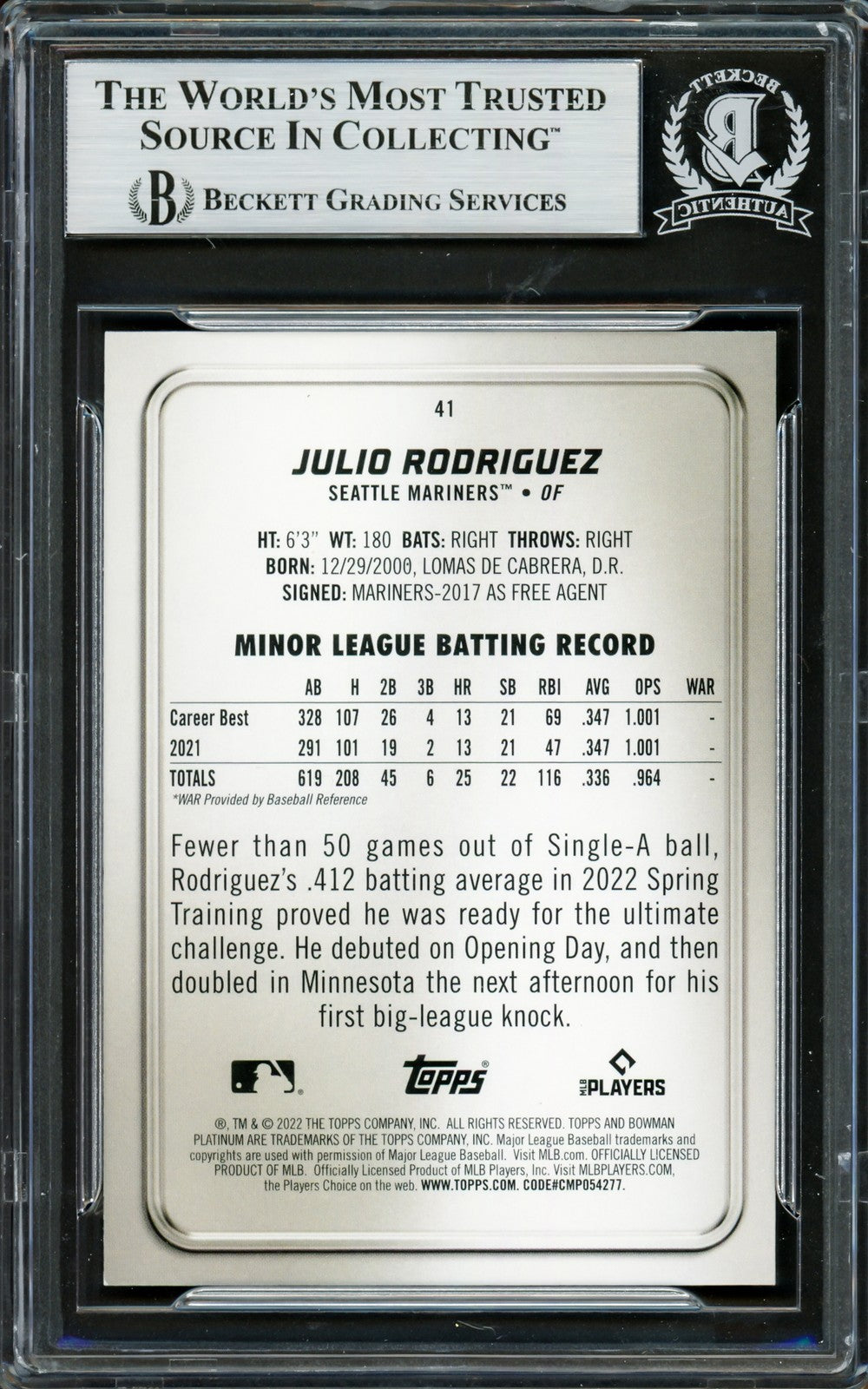 Julio Rodriguez Auto 2022 Bowman Platinum Ice Foilboard RC 41 Mariners Beckett