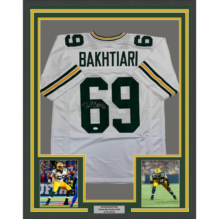 Framed Autographed/Signed David Bakhtiari 35x39 Green Bay White Jersey JSA COA