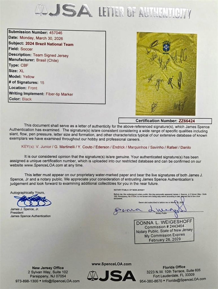 2024 Brazil Team Signed Jersey (15 Autos) Vini Jr, Rodrygo, Danilo, Rafael ~ JSA
