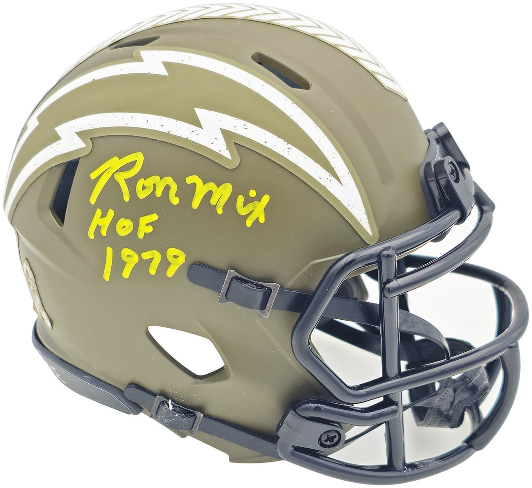 Ron Mix Auto Chargers Army Green Salute to Service Mini Helmet HOF 1979 Beckett