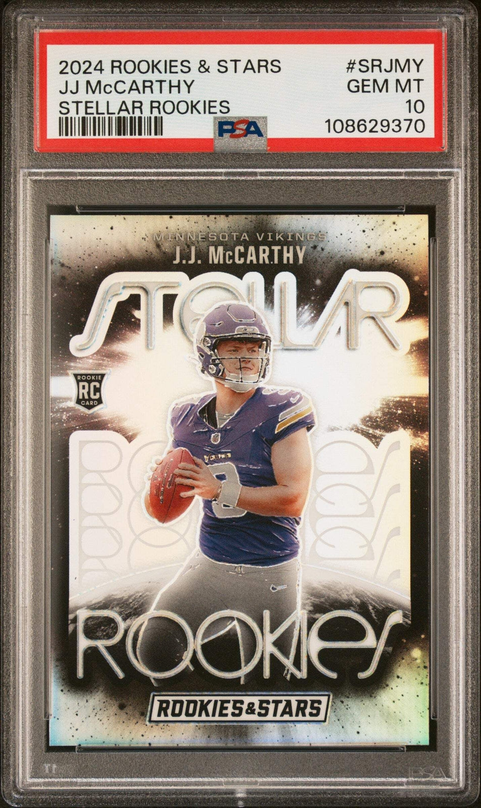 Graded 2024 Panini R&S JJ McCarthy #SRJMY Stellar Rookies Football Card PSA 10